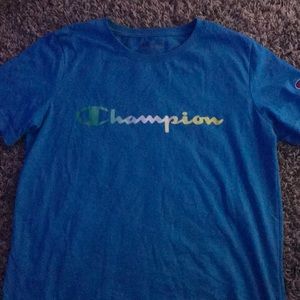 selling large blue champion shirt .